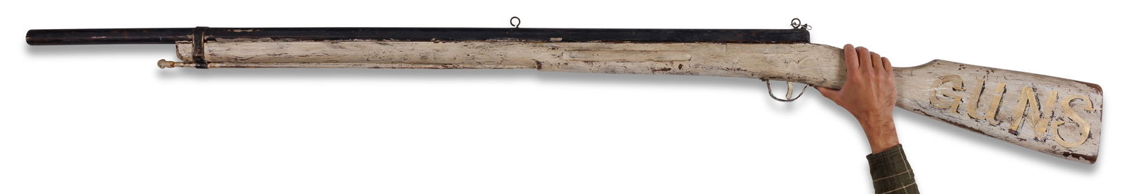 Large Carved Rifle-Form Trade Sign for a Gun Shop 83 in. (x 210.8 cm.): Large Carved Rifle-Form Trade Sign for a Gun ShopCarved and painted wooden trade sign in the form of a flintlock rifle, America, late 19th or early 20th century. The stock boldly lettered ?GUNS? in go