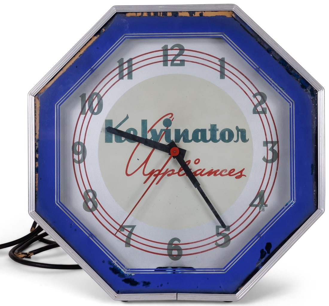 Kelvinator Appliances Neon Advertising Clock (America, ca. 1950) 18 1/4 x 18 1/4 in. (46.4 x 46.4: Kelvinator Appliances Neon Advertising Clock (America, ca. 1950) Kelvinator Appliances lighted neon clock, Lima, Ohio, ca. 1950. Reverse with sticker label for Neon Products, Lima, Ohio. 18 1/4 x 18 1