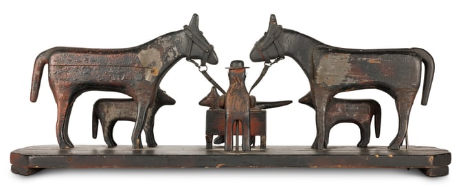 Carved Folk Art Scene of Driver with Horses and Dog (Pennsylvania, 19th century) 10 1/2 x 8 x 26 1/2
