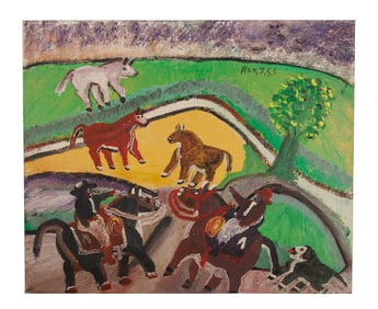 Cowboys and Cattle by Rev. Johnnie Swearingen, Outsider Art (Texas, ca. 1975) 20 x 24 in. (50.8 x 61