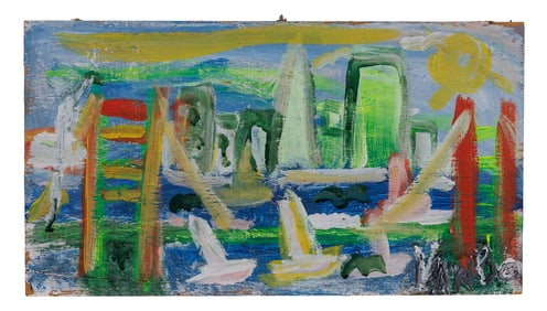 Painting of Golden Gate Bridge by Van Bo, Outsider Art (San Francisco, ca. 2005) 11 1/2 x 20 1/2 in.