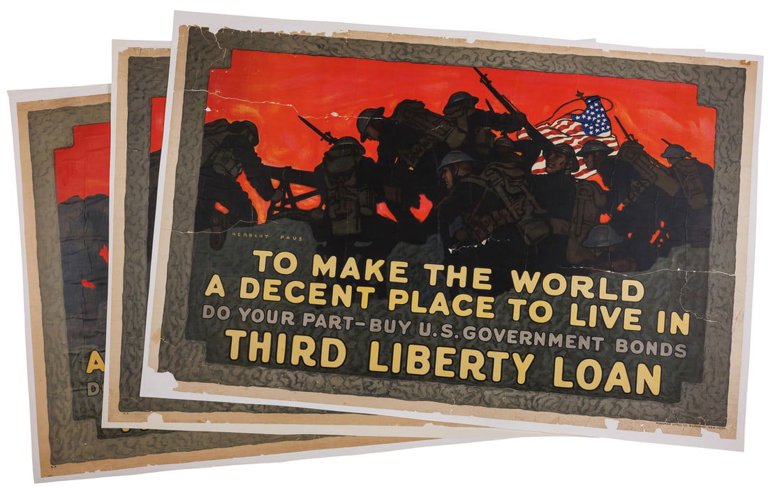Three WWI Liberty Loan Posters by Herbert Paus (Chicago, 1918) 36 x 56 in. (91.4 x 142.2 cm.): Three WWI Liberty Loan Posters by Herbert Paus(Chicago, 1918)Three (3) copies of To Make The World a Decent Place to Live In. Lithograph poster by Herbert Paus (1860-1946), printed by Edwards and Deut