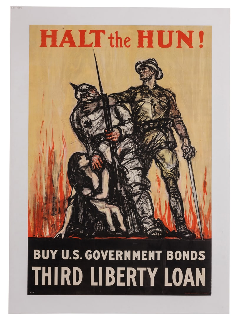 WWI Liberty Loan Poster by Henry Raleigh (Chicago, ca. 1917) 29 1/2 x 20 in. (74.9 x 50.8 cm.): WWI Liberty Loan Poster by Henry Raleigh(Chicago, ca. 1917)Halt the Hun! Lithography by Henry Patrick Raleigh (1880-1944), printed by Edwards and Deutsch Litho. Co., Chicago, ca. 1917. Depicting an Am