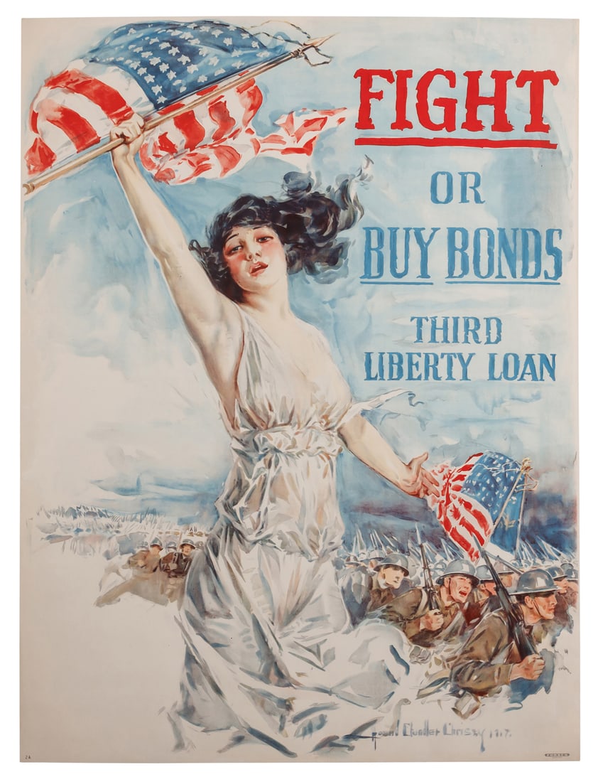 WWI Liberty Loan Poster by Howard Chandler Christy (Boston, 1917) 40 x 30 in. (101.6 x 76.2 cm.): WWI Liberty Loan Poster by Howard Chandler Christy(Boston, 1917)Fight or Buy Bonds. By Howard Chandler Christy (1872-1952), printed by Forbes, Boston, 1917. Depicting Lady Liberty leading American sol