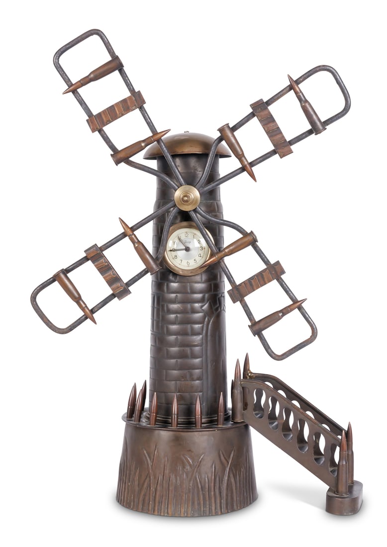 Trench Art Windmill Clock Made from Artillery Shells and Bullets, WWI Era, Overall: 23 x 7 x 17 1/2: Trench Art Windmill Clock Made from Artillery Shells and Bullets, WWI Era Imaginative large-scale trench art windmill clock constructed from spent artillery shell casings, bullet cartridges, and salva