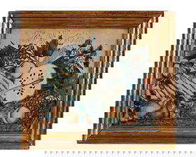 New England Theorem Painting on Velvet (New England, ca. 1830) Frame: 21 3/4 x 24 in. (55.2 x 61: New England Theorem Painting on Velvet(New England, ca. 1830)An exceptional still life depicting a lush arrangement of melons, berries, and assorted fruits atop a marble table. Verso with original pap