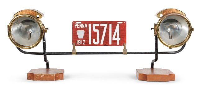 Pair of Phare Solar Automobile Headlamps with 1912 Pennsylvania License Plate (Wisconsin and