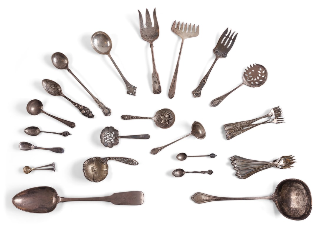 Group of 33 Pieces of Sterling and Coin Silver Cutlery: Group of 33 Pieces of Sterling and Coin Silver CutleryThirty-three (33) silver spoons, forks, and other cutlery by various makers, including a souvenir "San Francisco" poppy spoon by Shreve & Co., San