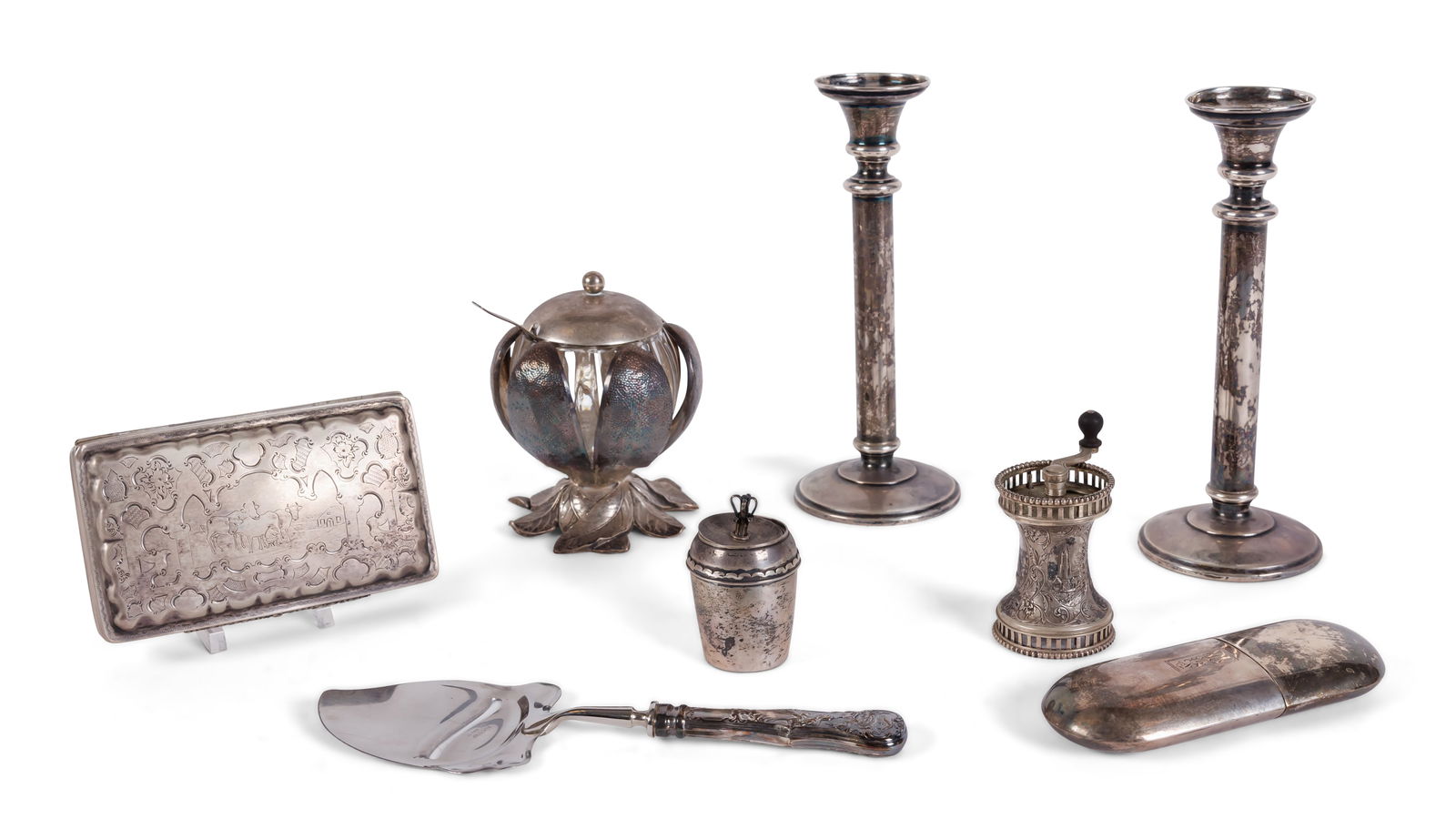 Silver Tobacco Box, Flask, and Tableware: Silver Tobacco Box, Flask, and TablewareEight (8) total pieces of silver tableware and other items by various makers. Total weight of solid silver items approximately 15.17 oz. T. Total weight of mixe