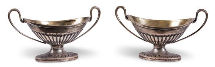 Pair of Victorian Silver Salt Cellars (London, ca. 1870) Each: 2 3/4 x 2 1/4 x 5 1/4 in. (7 x 5.7 x