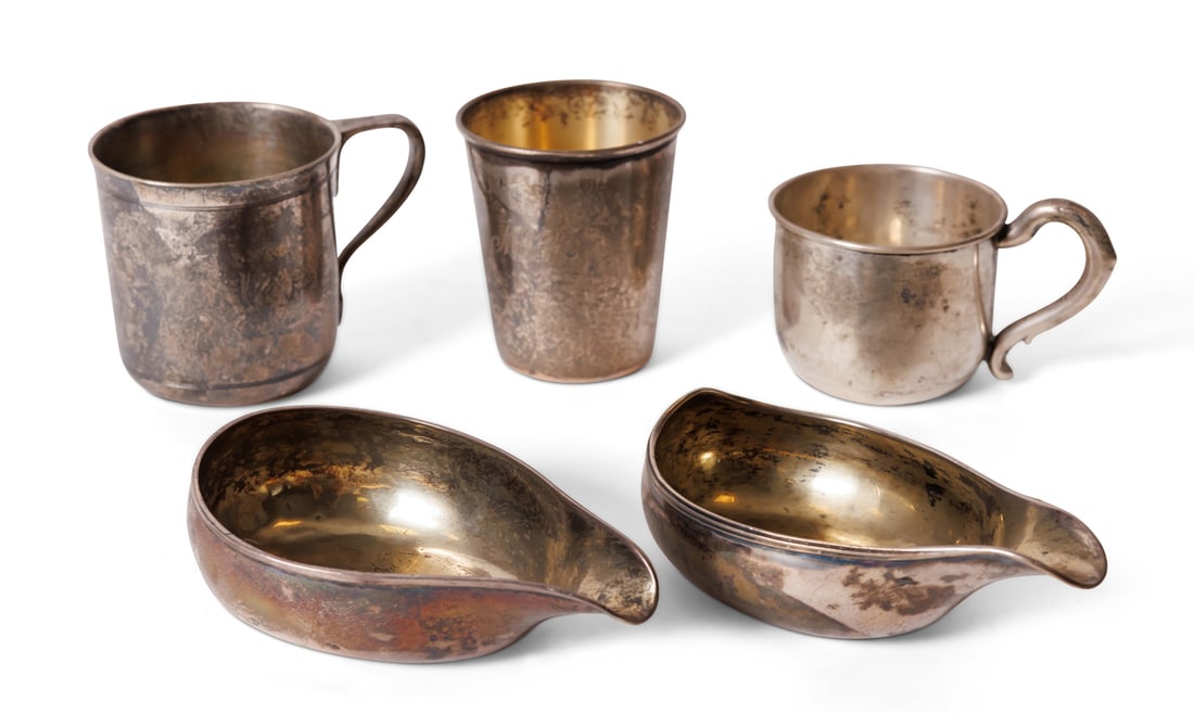 Group of English and American Sterling Silver Holloware Largest cup: 3 in. (7.6 cm.): Group of English and American Sterling Silver HollowareFive (5) total pieces of sterling silver, consisting of three child's cups marked by Tiffany, Gorham, and Fisher; and two George III silver pap b