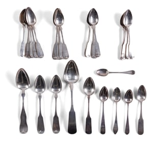 31 Early American Coin Silver Spoons (America,1810-1850) Longest: 9 1/2 in. (x 24.1 cm.)