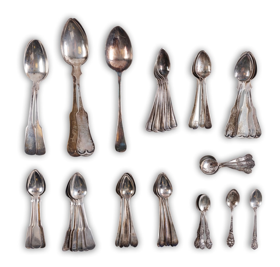 Group of 52 Coin Silver and Sterling Silver Spoons: Group of 52 Coin Silver and Sterling Silver Spoons Fifty-two (52) silver spoons by various makers. Total weight approximately 35.72 oz. T. Including the following items: Set of six (6) coin silver tab