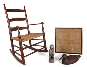 Americana Group Lot, Including Shaker Chair, Carved Decoy, and Needlework Chair: 34 x 21 x 25 in.