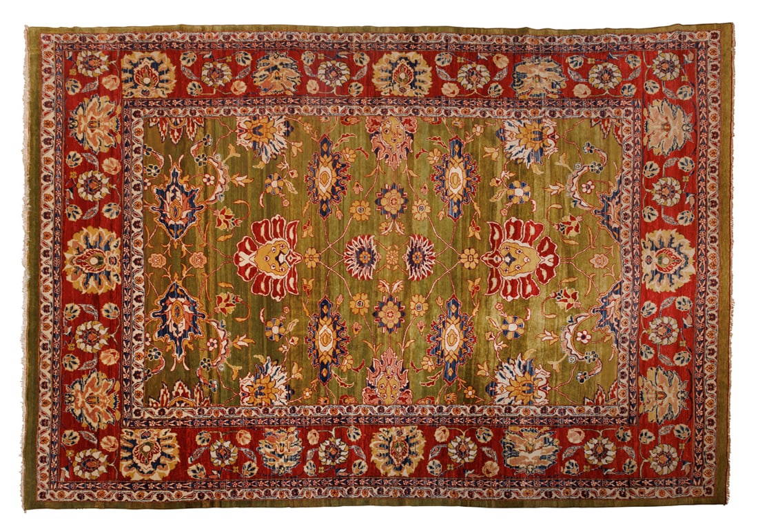 Hand-Knotted Room Size Sultanabad Mahal Rug, 15 x 10 (20th century): Hand-Knotted Room Size Sultanabad Mahal Rug, 15 x 10(20th century)A fine room-size rug, hand-knotted in wool on cotton with an olive-green field and red border, late 20th century.180 x 120 in. ( x 457