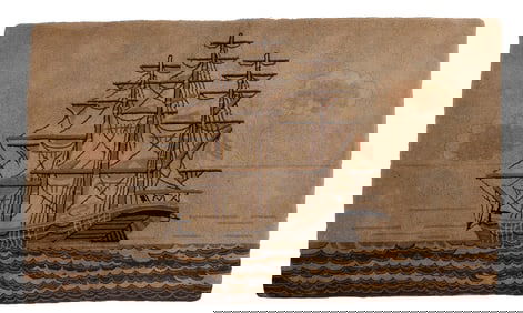 Antique Hooked Rug Depicting a Three-Masted Ship (America, ca. 1930) 36 x 59 in. (91.4 x 149.9 cm.)