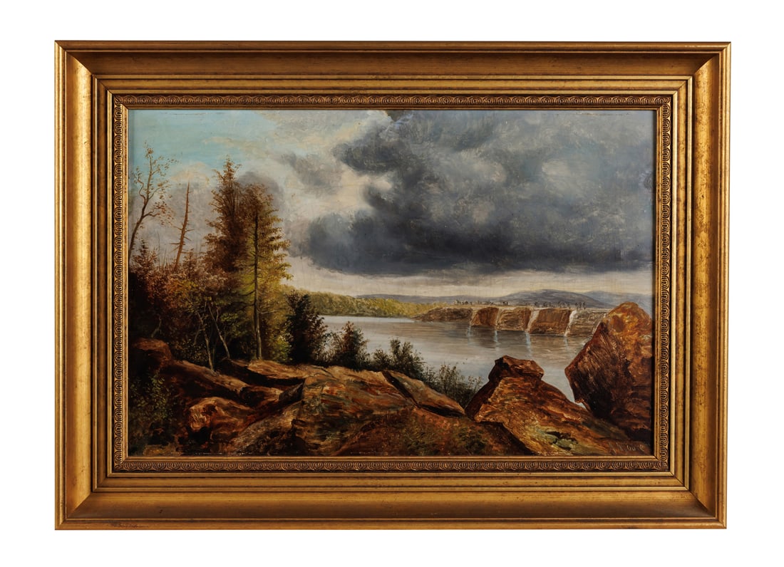 Hudson River School Landscape Painting, Lake Mohonk by A. Moore (New York, late 19th century): Hudson River School Landscape Painting, Lake Mohonk by A. Moore (New York, late 19th century) Depicting Lake Mohonk, Ulster County, New York, late 19th century. Oil on Devoe academy board, signed "A. 