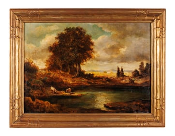 Grazing Cattle Landscape Painting by Giuseppe Forti (Italy, 19th century)