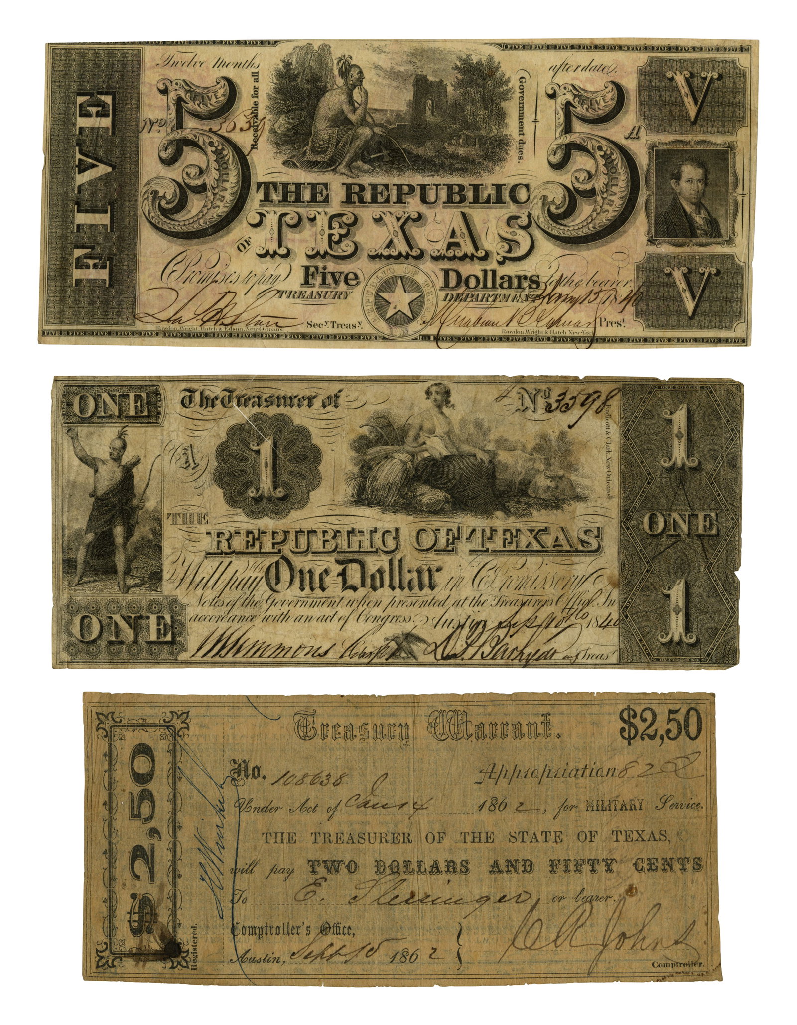 Republic of Texas Notes with Treasury Warrant [Civil War - Confederate Currency] (Texas, 1840-1862) (1 of 2)