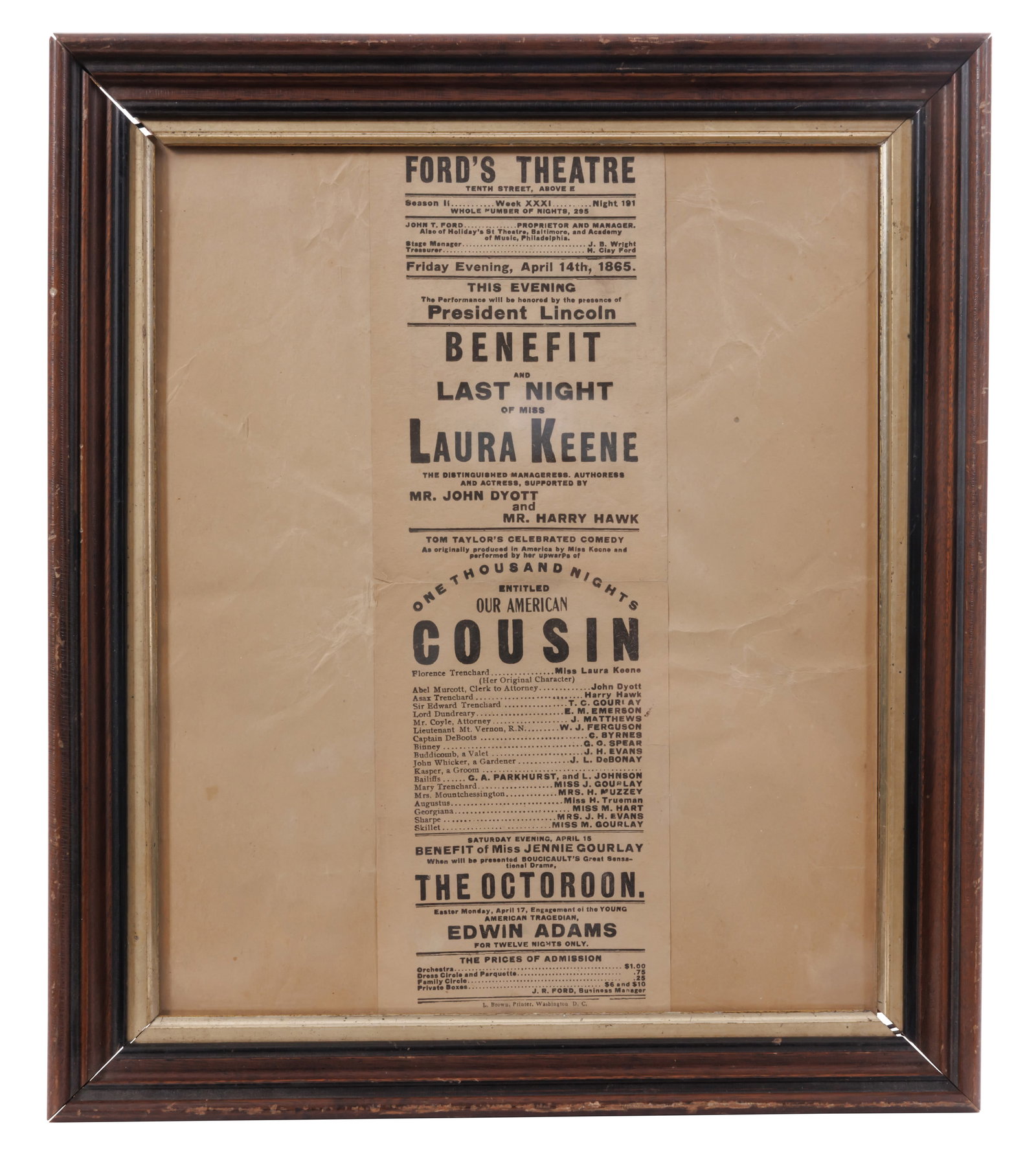 [Abraham Lincoln] Period Souvenir Issue of Ford's Theatre Playbill, Printed by L. Brown (Washington, (1 of 3)