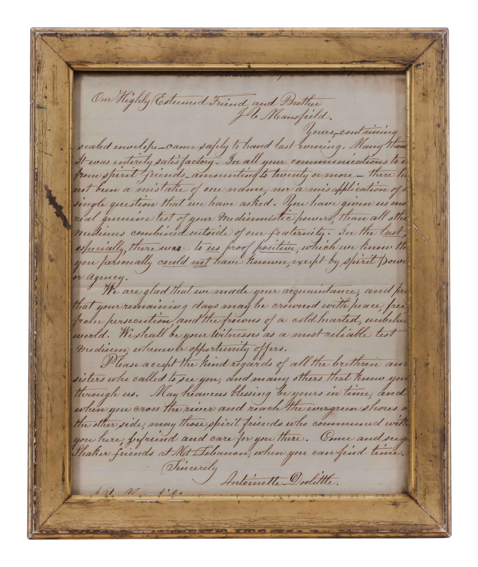 "Spirit Power" Letter from Shaker Eldress Antoinette Doolittle [Mount Lebanon - Spiritualism - ALS] (1 of 2)