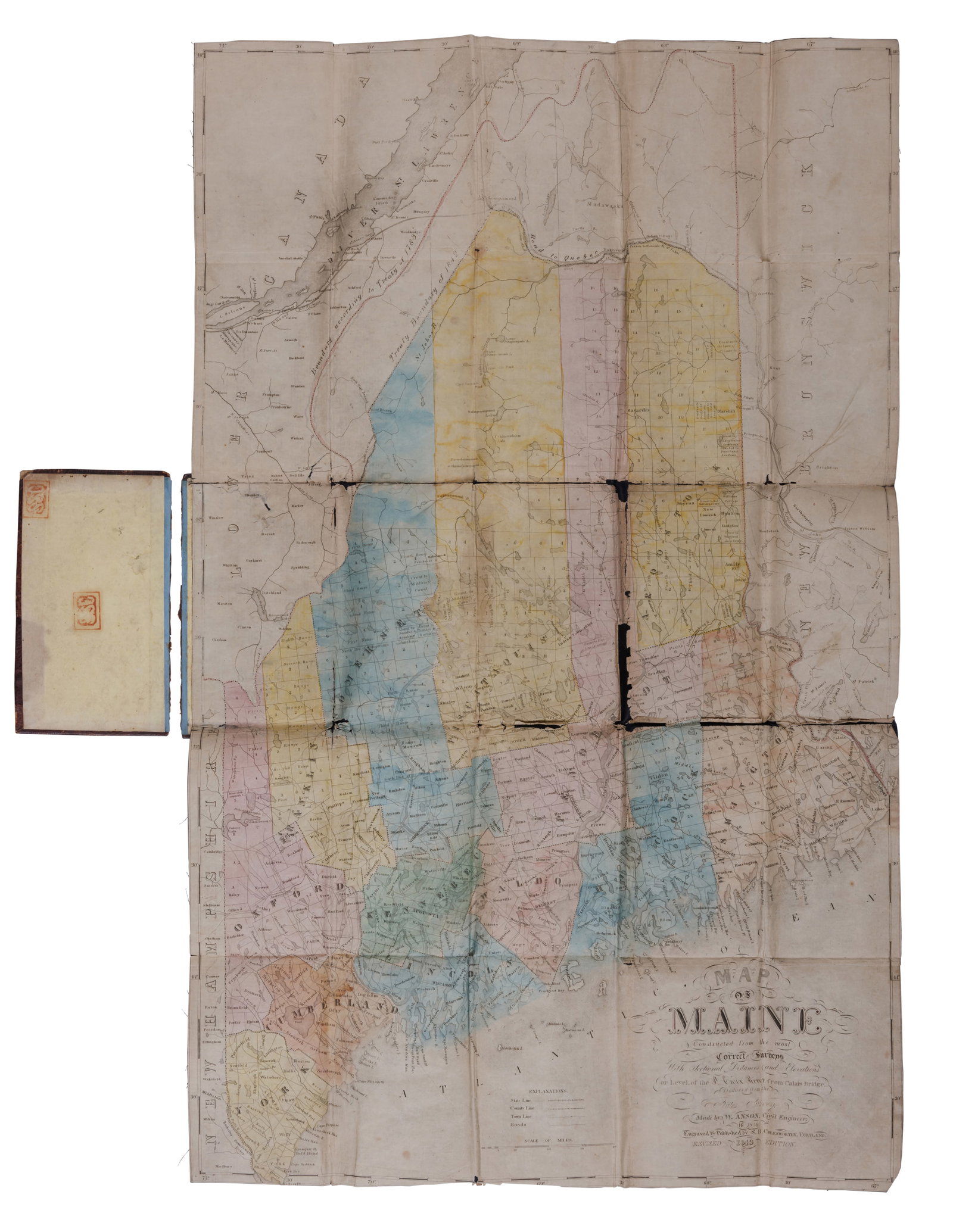 1843 Folding Pocket Map of Maine by Anson (Maine, 1843) Map: 23 x 14 in. (58.4 x 35.6 cm.), Cover: 5 (1 of 3)