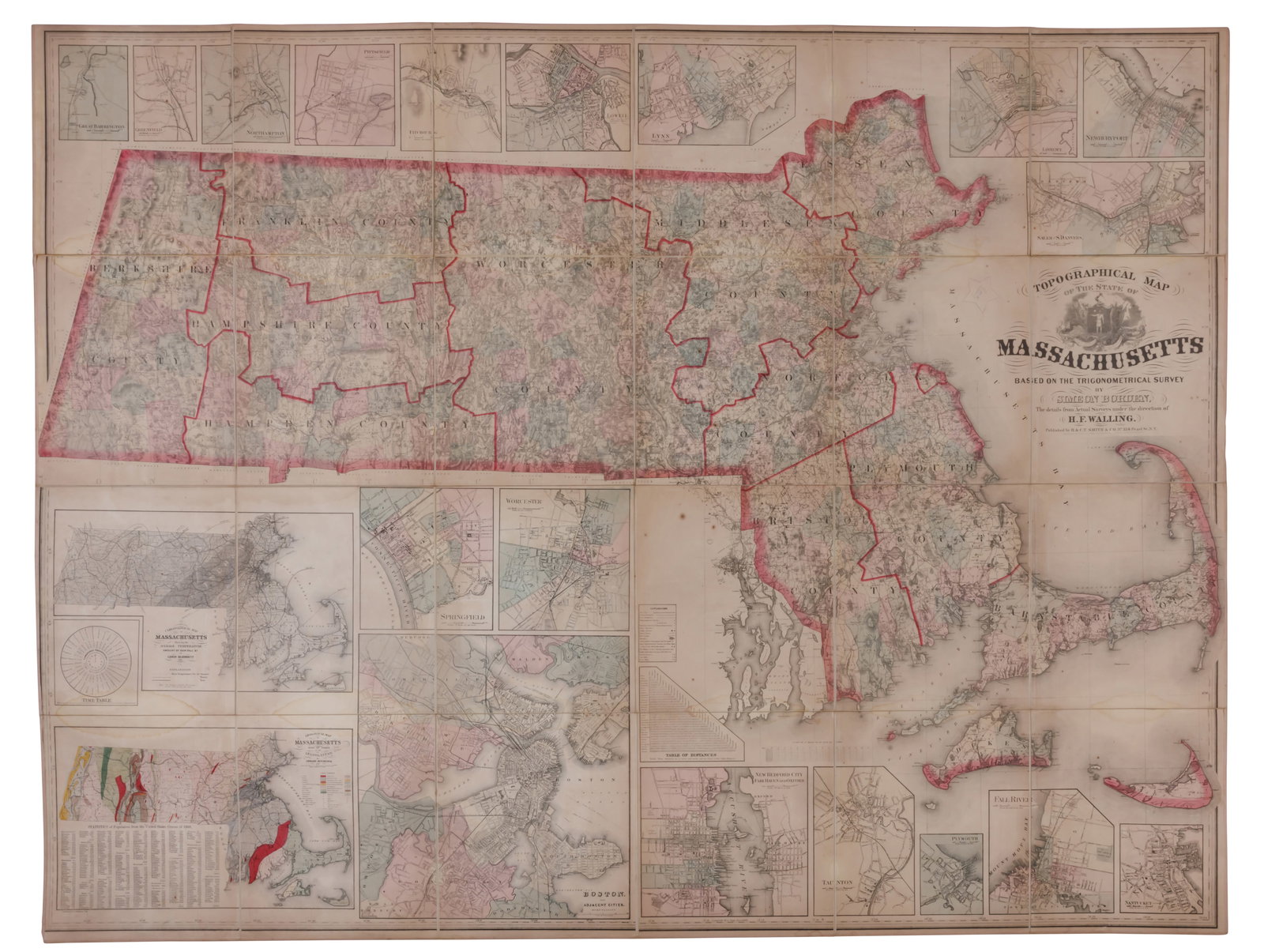 Monumental 1861 Map of Massachusetts by Simeon Borden and H.F. Walling, Exceptional Condition (New (1 of 7)