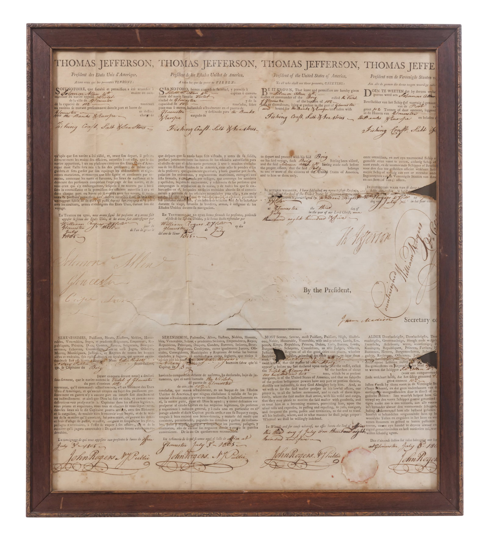 Thomas Jefferson and James Madison Four-Languages Ship's Passport, Signed [Presidents - Document] (1 of 6)