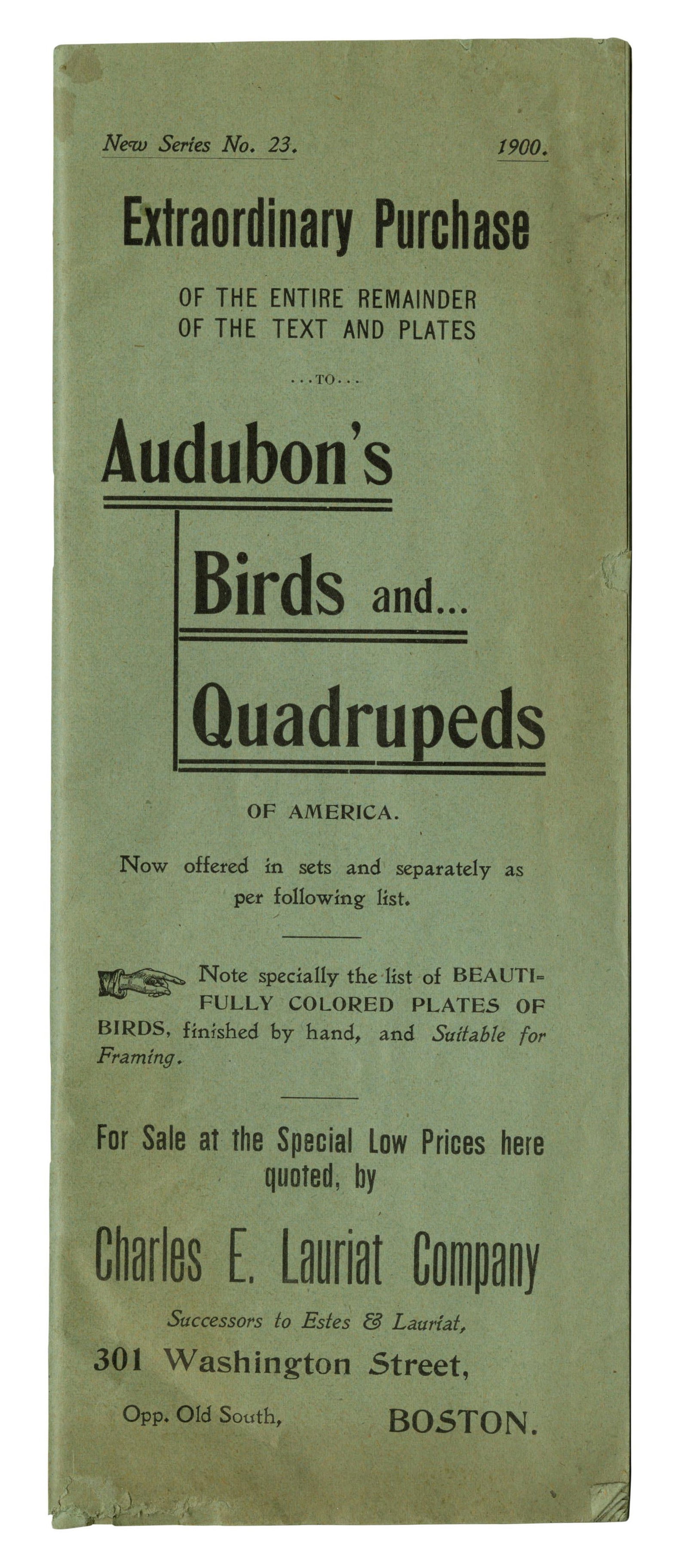 [John James Audubon] Scarce Catalogue for Birds & Quadrupeds of America, Charles Lauriat (Boston, (1 of 6)