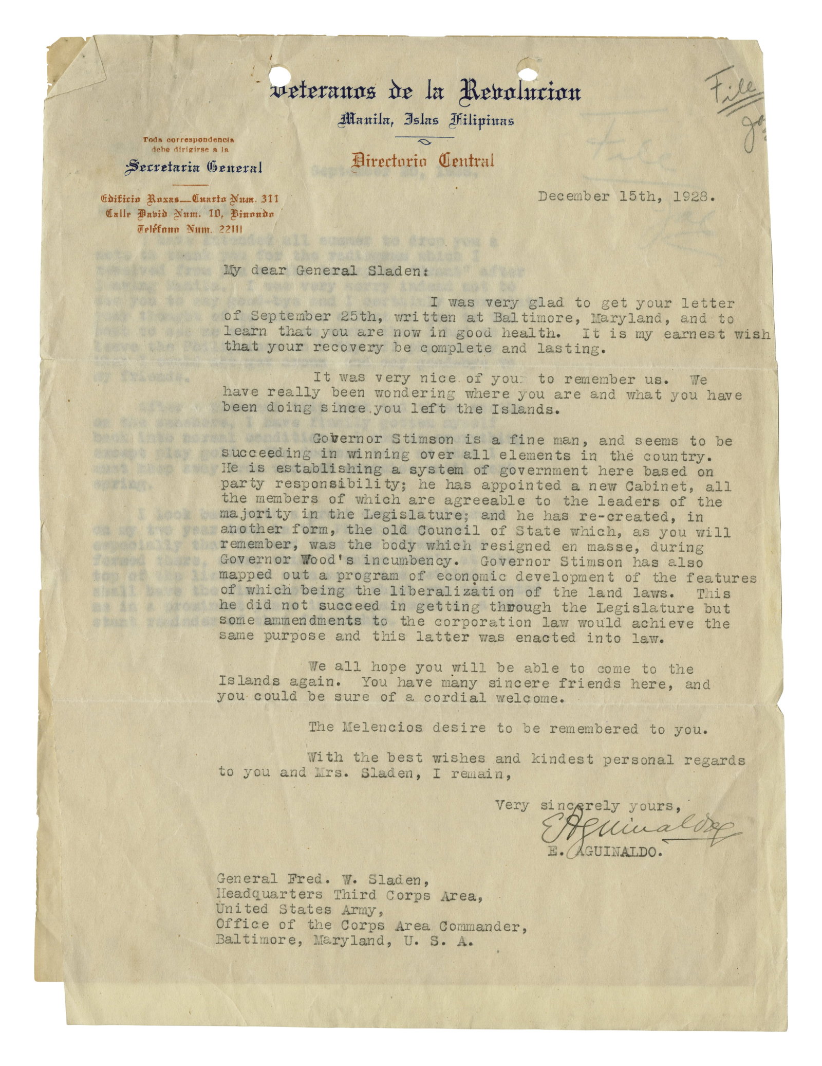 Emilio Aguinaldo Signed Letter [Philippine-American War - ALS] (Philippines, 1928) 11 x 8 in. (27.9 (1 of 2)