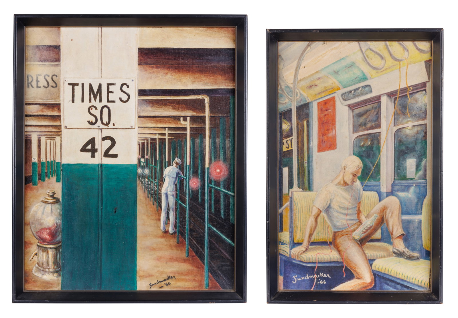 Times Square Subway Paintings by William Sundmacker [Sailor - LGBTQ] (New York, 1966) Largest frame:: Times Square Subway Paintings by William Sundmacker [Sailor - LGBTQ] (New York, 1966) Two paintings by William Sundmacker, 1966. One depicting a sailor at the Times Square, 42nd Street subway station,