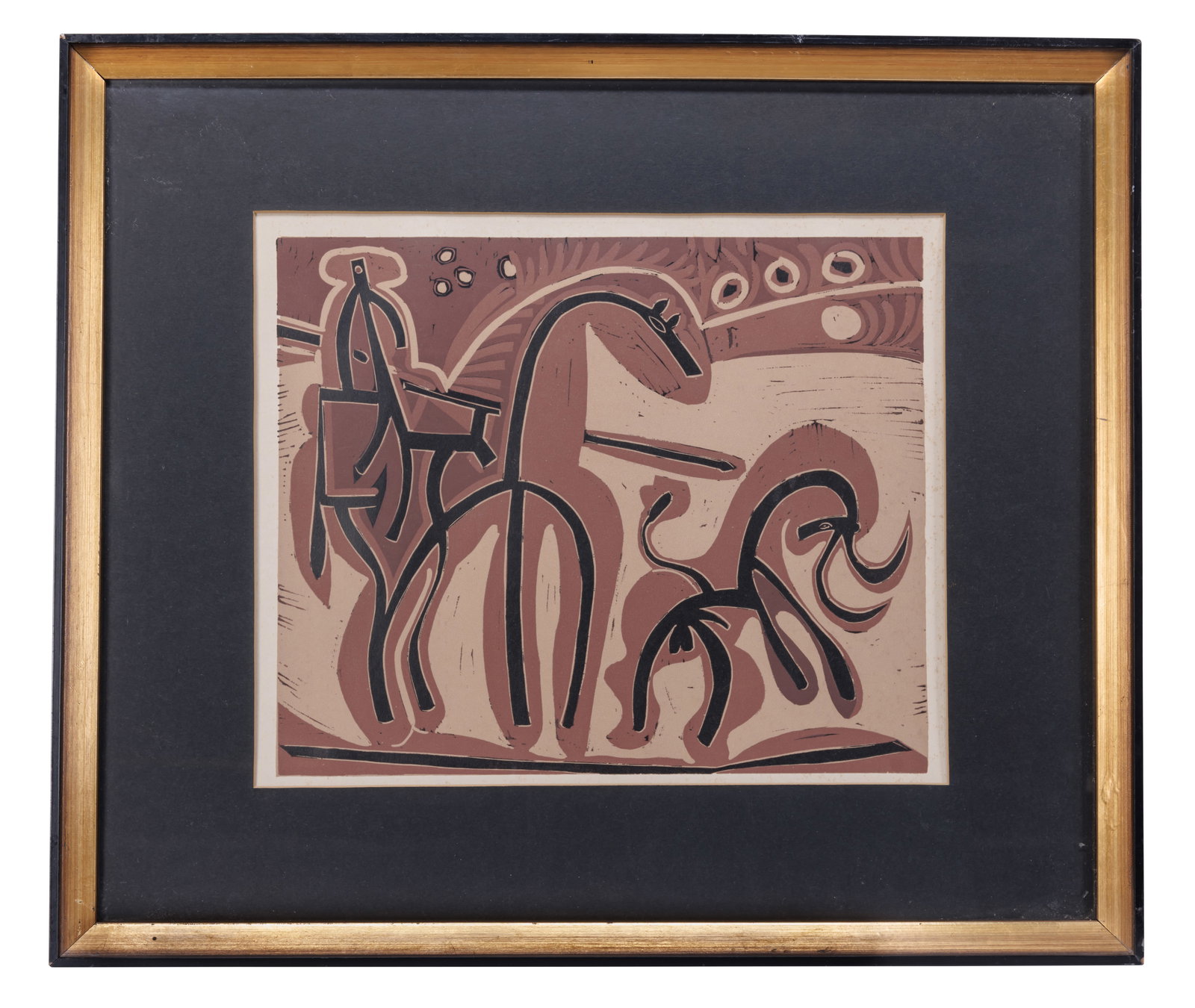 Four Linocuts after Pablo Picasso, Ross Widen Gallery Each frame: 21 x 18 in. (53.3 x 45.7 cm.): Four Linocuts after Pablo Picasso, Ross Widen GalleryGroup of four linocuts after Pablo Picasso (Spanish, 1881-1973), sold by the Ross Widen Gallery, Cleveland, Ohio. Including "Picador et Taureau," L