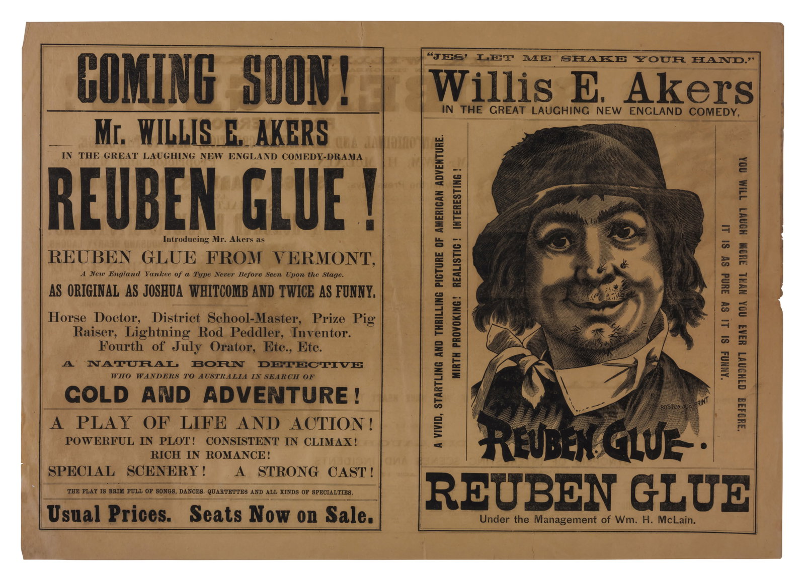 "Reuben Glue" Illustrated Theatrical Comedy Broadsides [Theater - Entertainment - Playbill] (ca. (1 of 3)