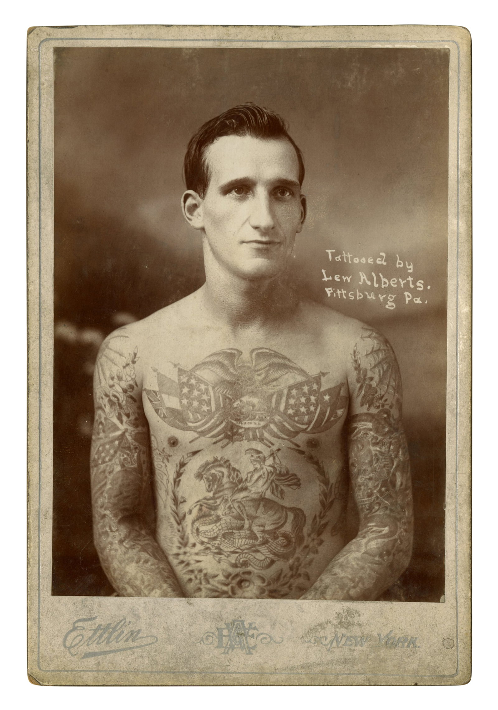Cabinet Card of Man Tattooed by Lew "The Jew" Alberts [Harry Lawson - Pittsburgh - Bowery] (New (1 of 2)