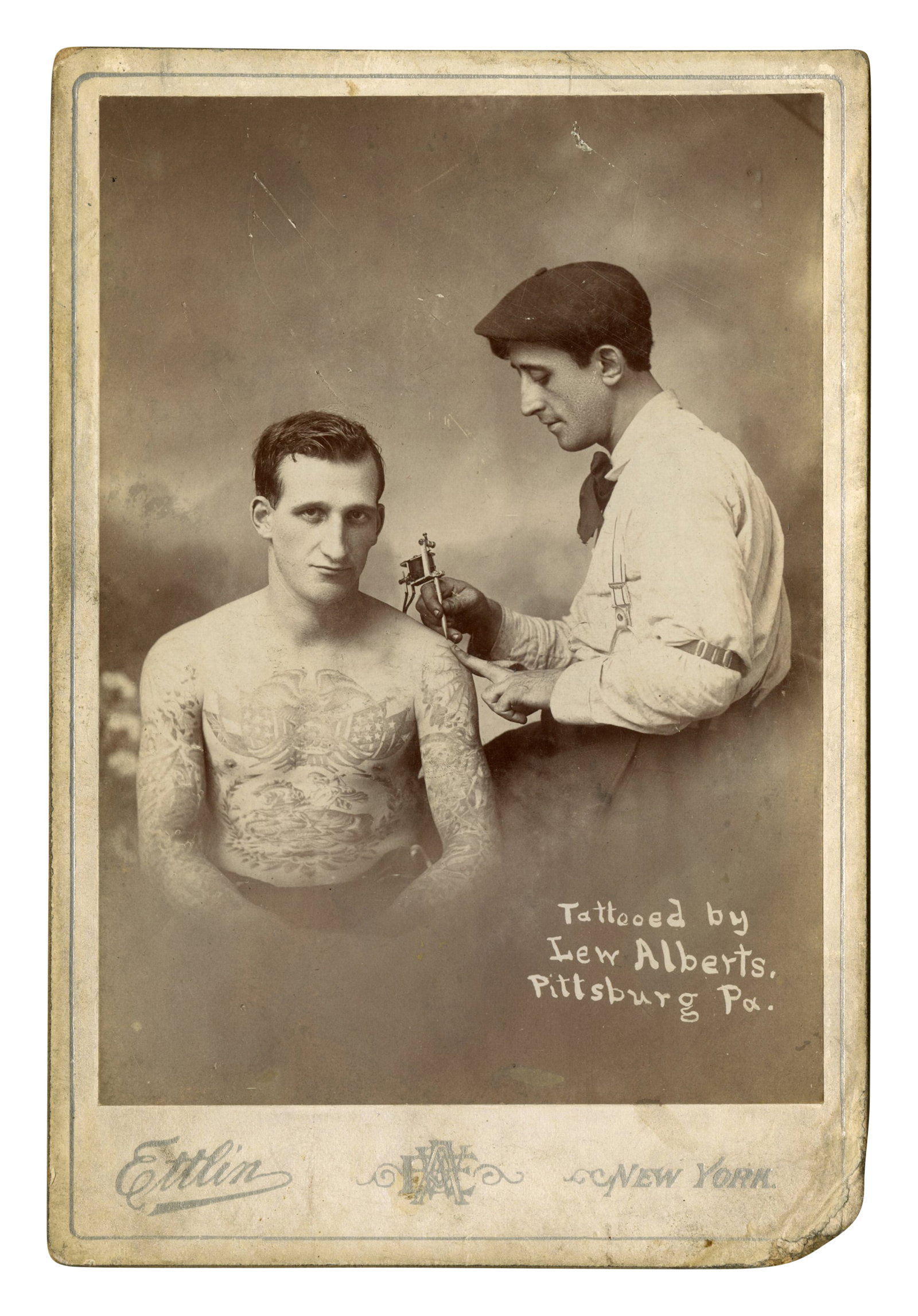 Cabinet Card of Tattoo Artist Lew "The Jew" Alberts [Harry Lawson - Pittsburgh - Bowery] (New York, (1 of 2)