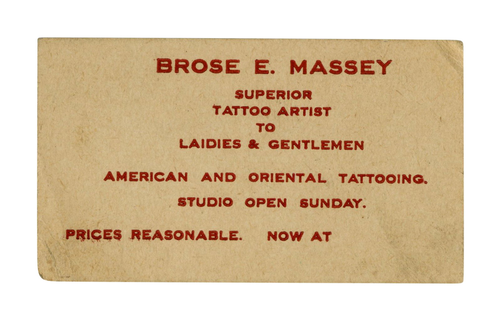 Brose Massey Tattoo Artist Business Card [Tattoo - Trade Card - Ephemera] (America, ca. 1920) 1 1/2 (1 of 2)