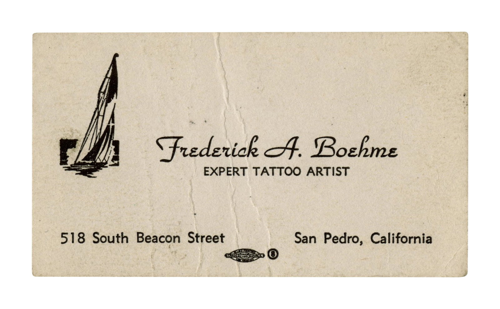 Frederick Boehme Tattoo Artist Business Card (San Pedro, California, ca. 1935) 2 x 3 1/2 in. (5.1 x (1 of 2)