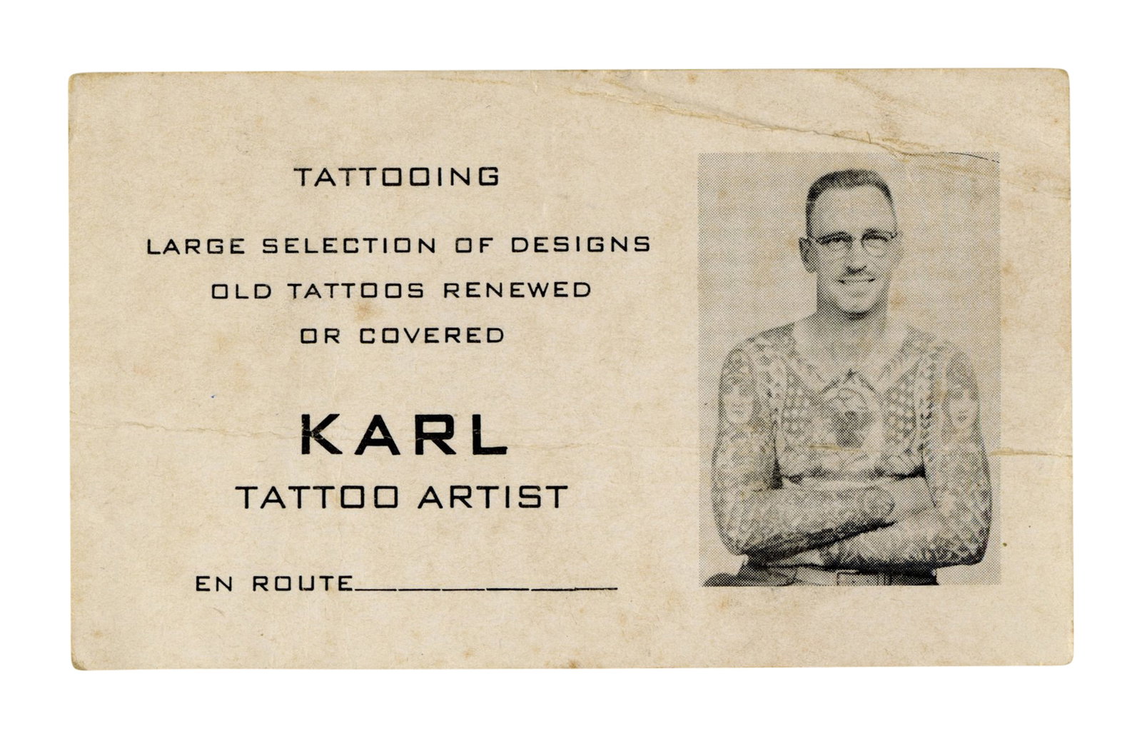 Karl Bumpus Tattoo Artist Business Card, (Garrettsville, Ohio, ca. 1950) 2 1/4 x 3 1/4 in. (5.7 x (1 of 2)