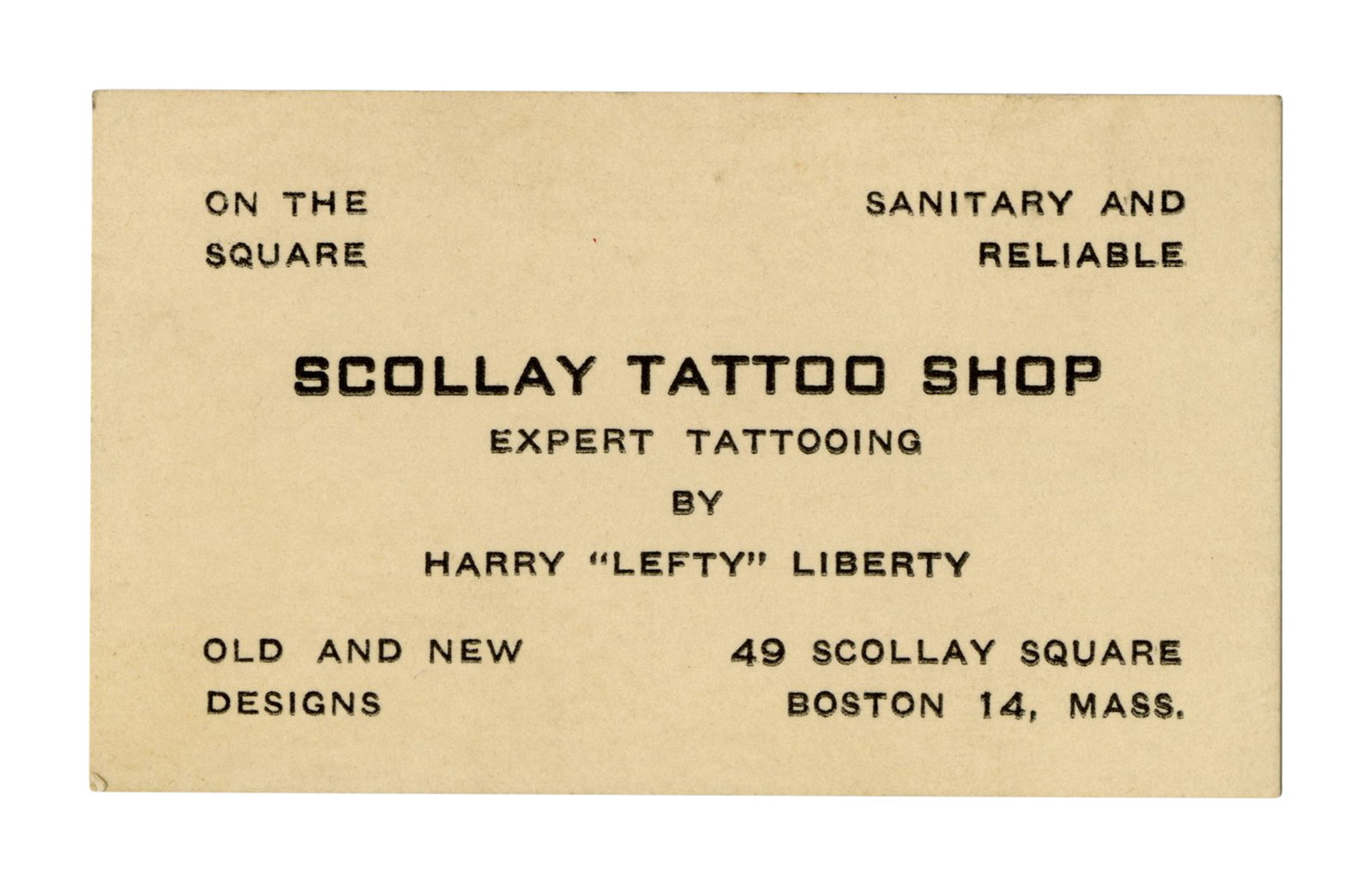Harold "Lefty" Liberty Tattoo Business Card [Trade Card - Ephemera], (Boston, ca. 1946) 2 x 3 1/2 (1 of 2)