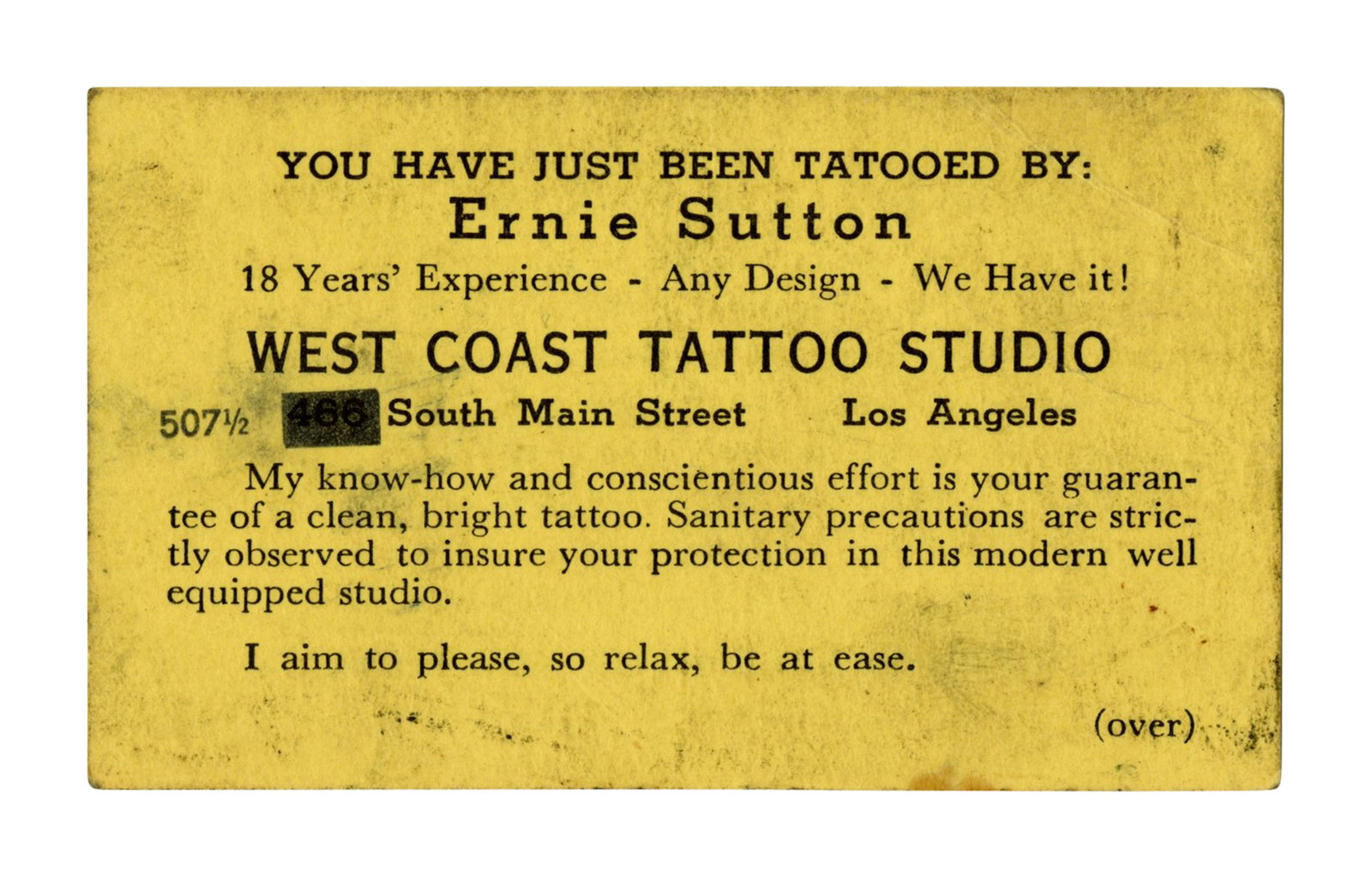 Ernie Sutton Tattoo Artist Business Card [Trade Card - Ephemera] (Los Angeles, ca. 1955) 2 1/4 x 3 (1 of 2)