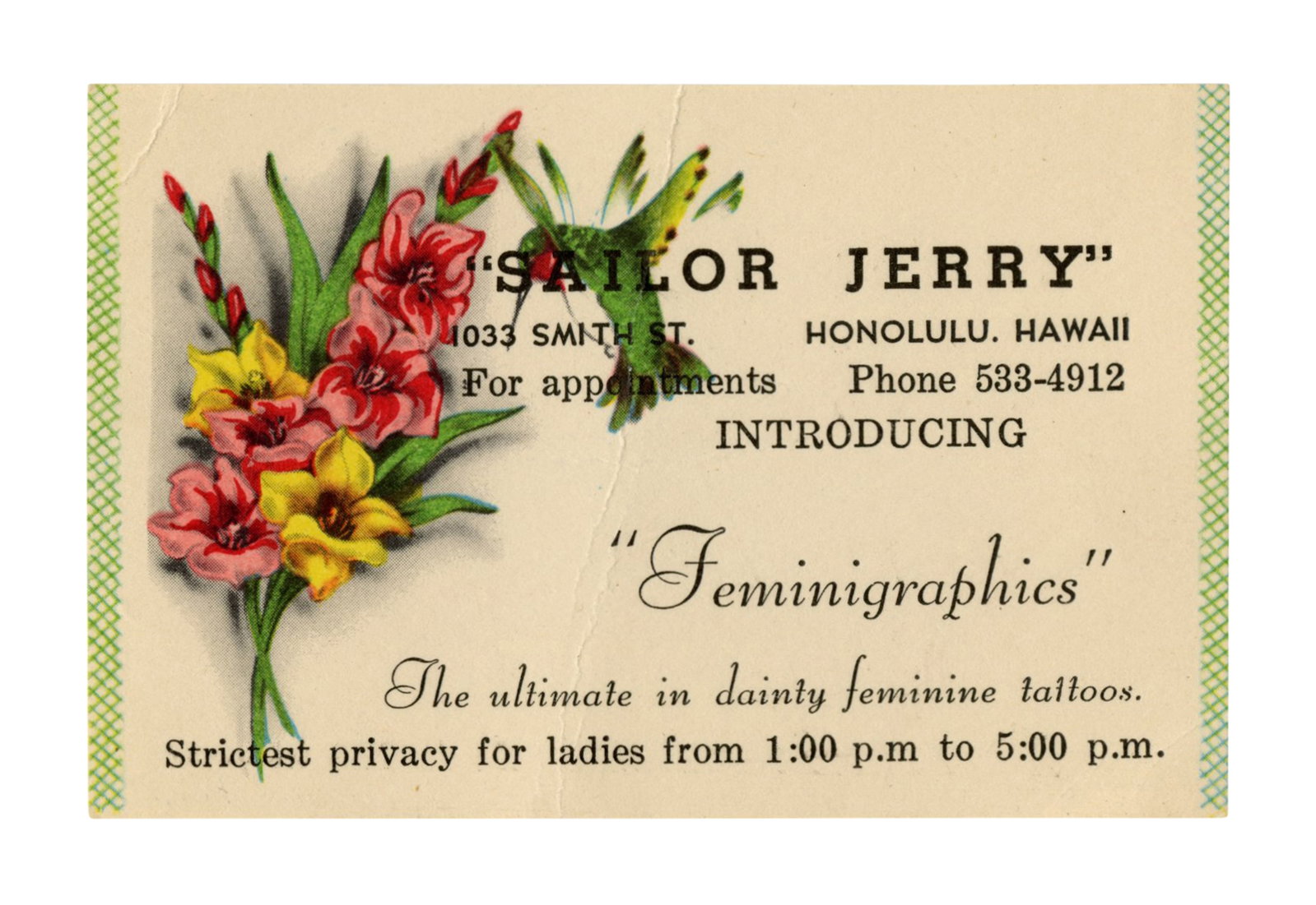 "Sailor Jerry" Collins Tattoo Artist Oversize Business Card (Honolulu, ca. 1965) 2 1/4 x 3 1/2 in. (1 of 2)