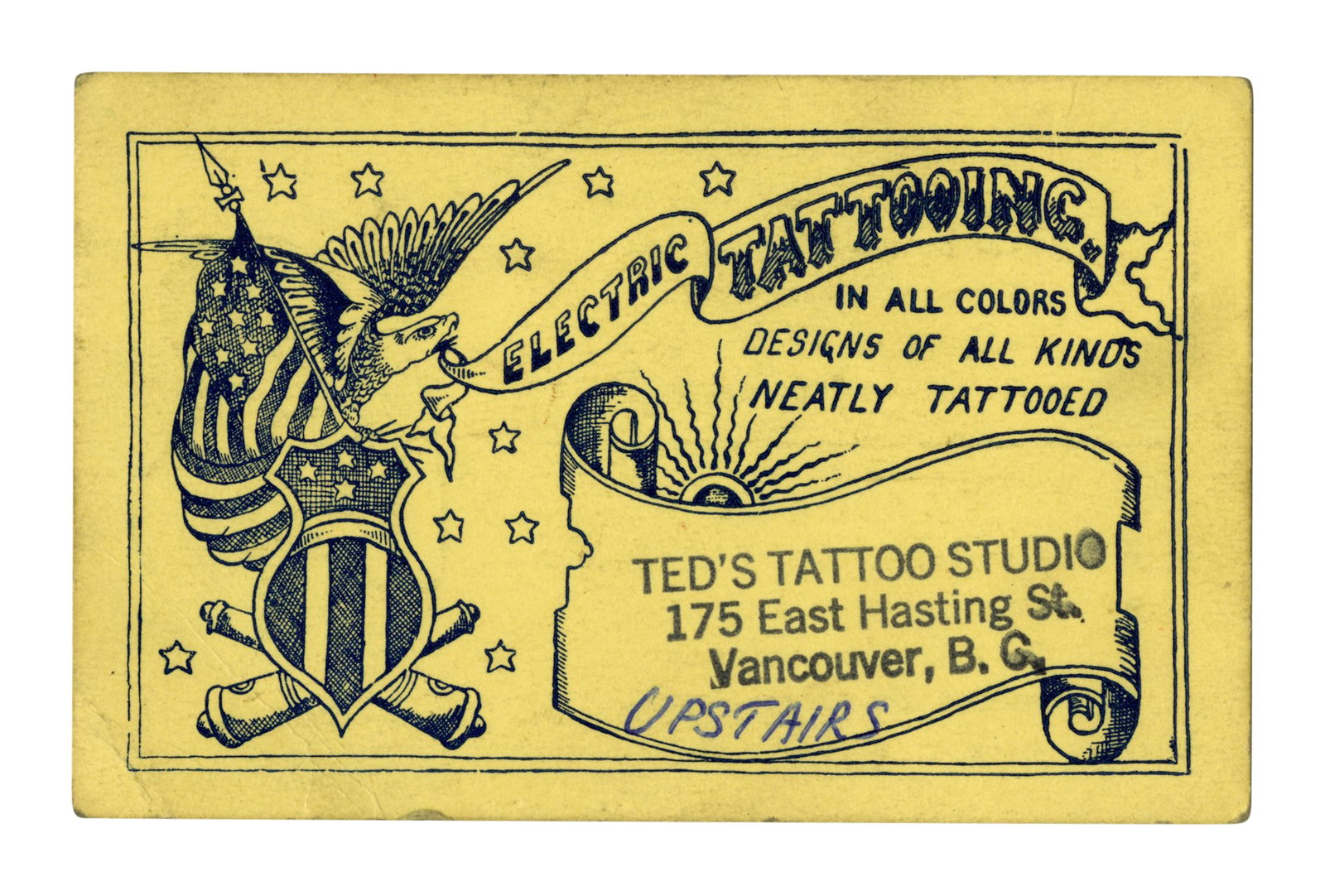Ted Liberty Tattoo Artist Business Card [Trade Card - Ephemera] (Vancouver, ca. 1960) 2 3/4 x 4 1/4 (1 of 2)