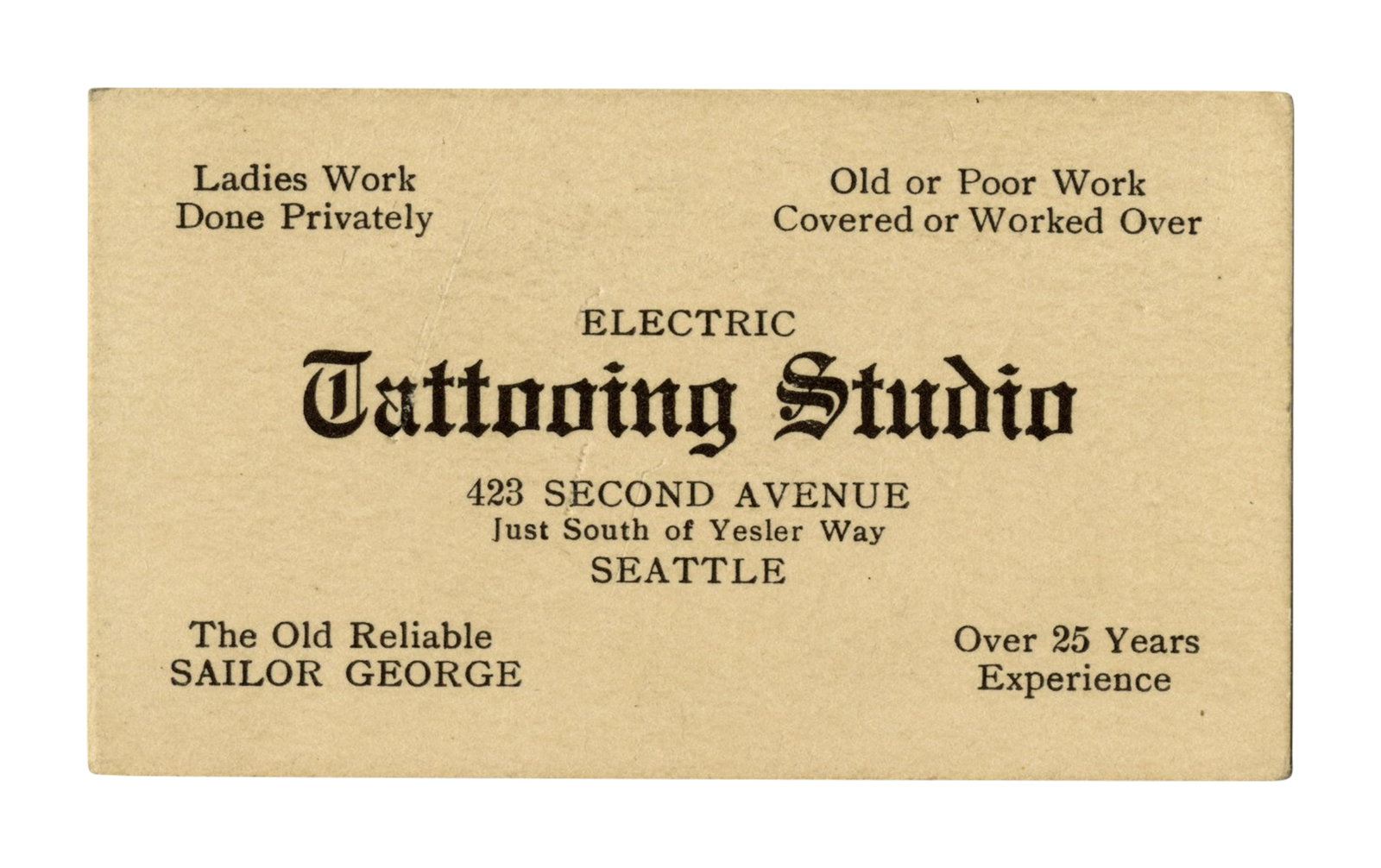 "Sailor" George Fosdick Tattoo Studio Business Card [Trade Card] (Seattle, ca. 1935) 2 x 3 1/2 in. (1 of 2)