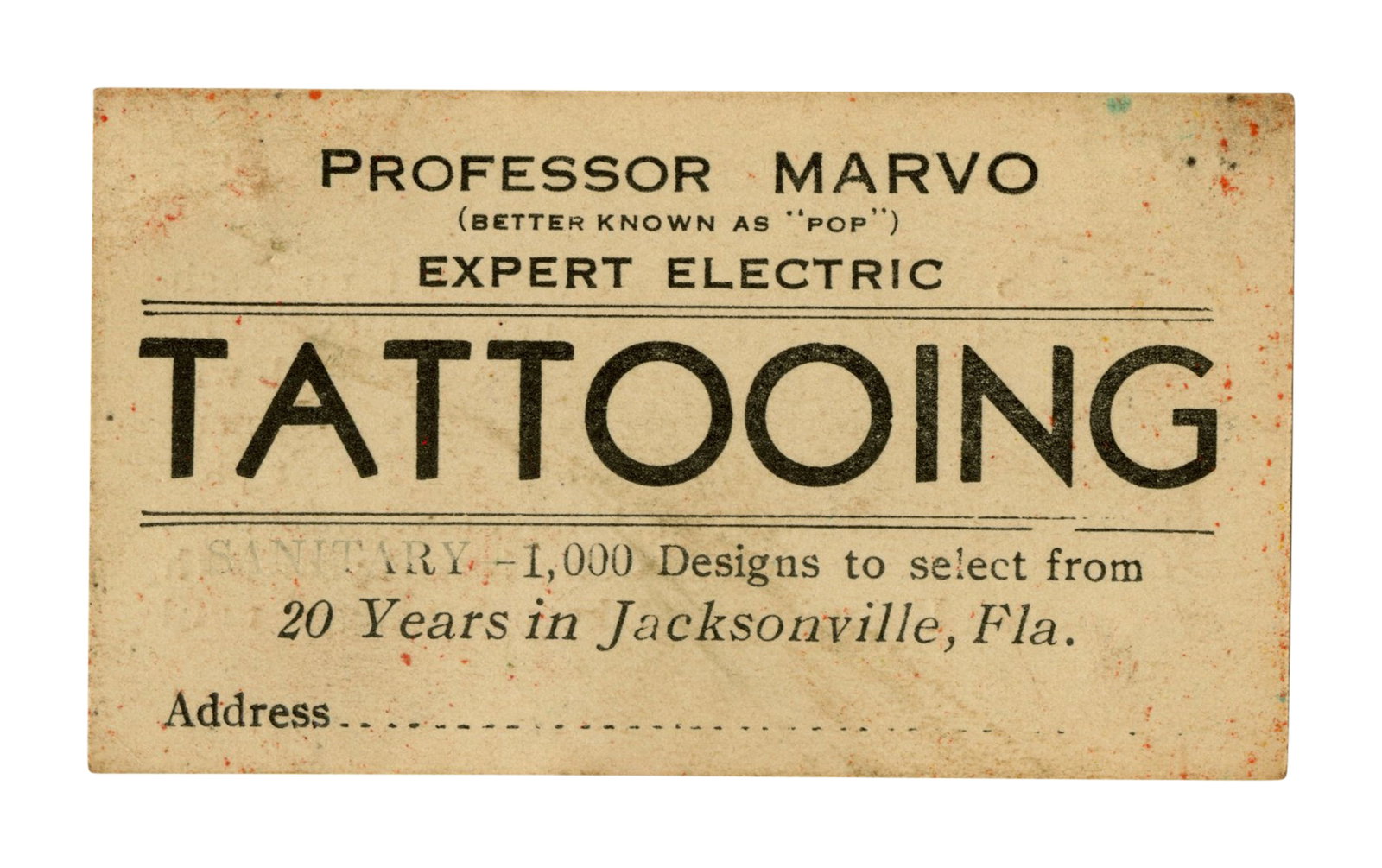 "Professor Marvo" Tattoo Artist Business Card [Trade Card - Ephemera] (Jacksonville, Florida, ca. (1 of 2)