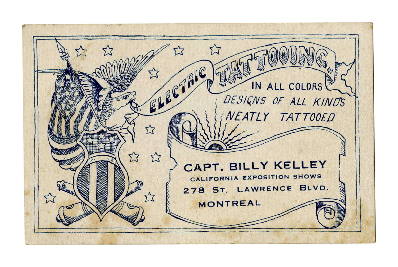 Capt. Billy Kelley Oversize Tattoo Artist Business Card [Trade Card - Ephemera] (Montreal, ca. 1920) (1 of 2)