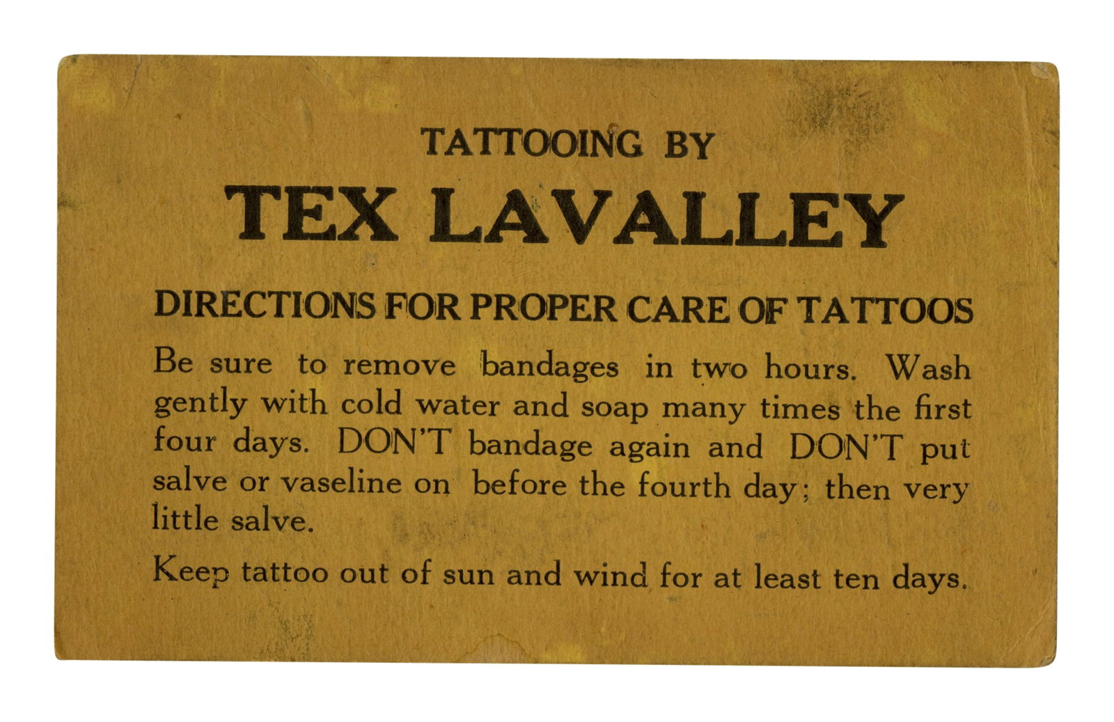 "Tex" LaValley Oversize Tattoo Business Card [Trade Card - Ephemera] (New Hampshire, ca. 1945) 3 x 4 (1 of 2)