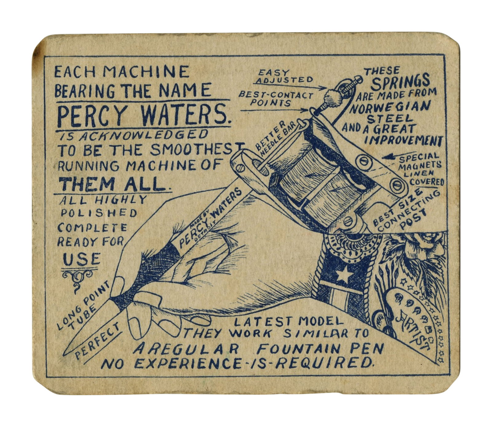 Early Percy Waters Tattoo Machine Business Card (Detroit, ca. 1919) 3 x 3 1/4 in. (7.6 x 8.3 cm.) (1 of 2)
