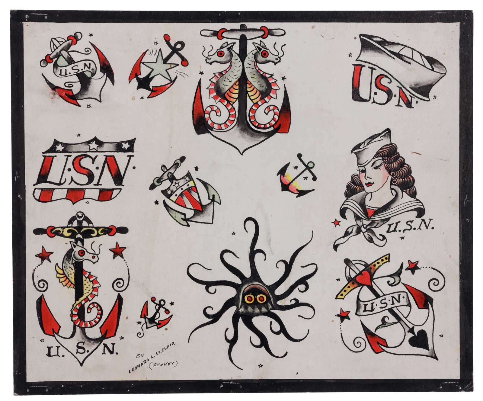 Seahorse, Octopus, and U.S. Navy Tattoo Designs by Stoney St. Clair [Folk Art - Outsider] (Columbus,: Seahorse, Octopus, and U.S. Navy Tattoo Designs by Stoney St. Clair [Folk Art - Outsider] (Columbus, Ohio, 1970) Hand-painted tattoo flash by Leonard "Stoney" St. Clair (1912-1980), Columbus, Ohio, 19