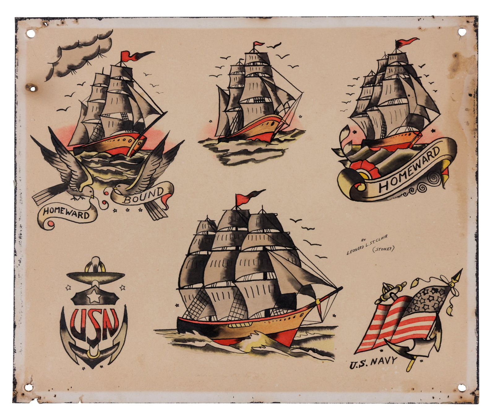 Ship Tattoo Designs by Stoney St. Clair [Folk Art - Outsider] (Florida, ca. 1960) 10 x 12 in. (25.4 (1 of 2)