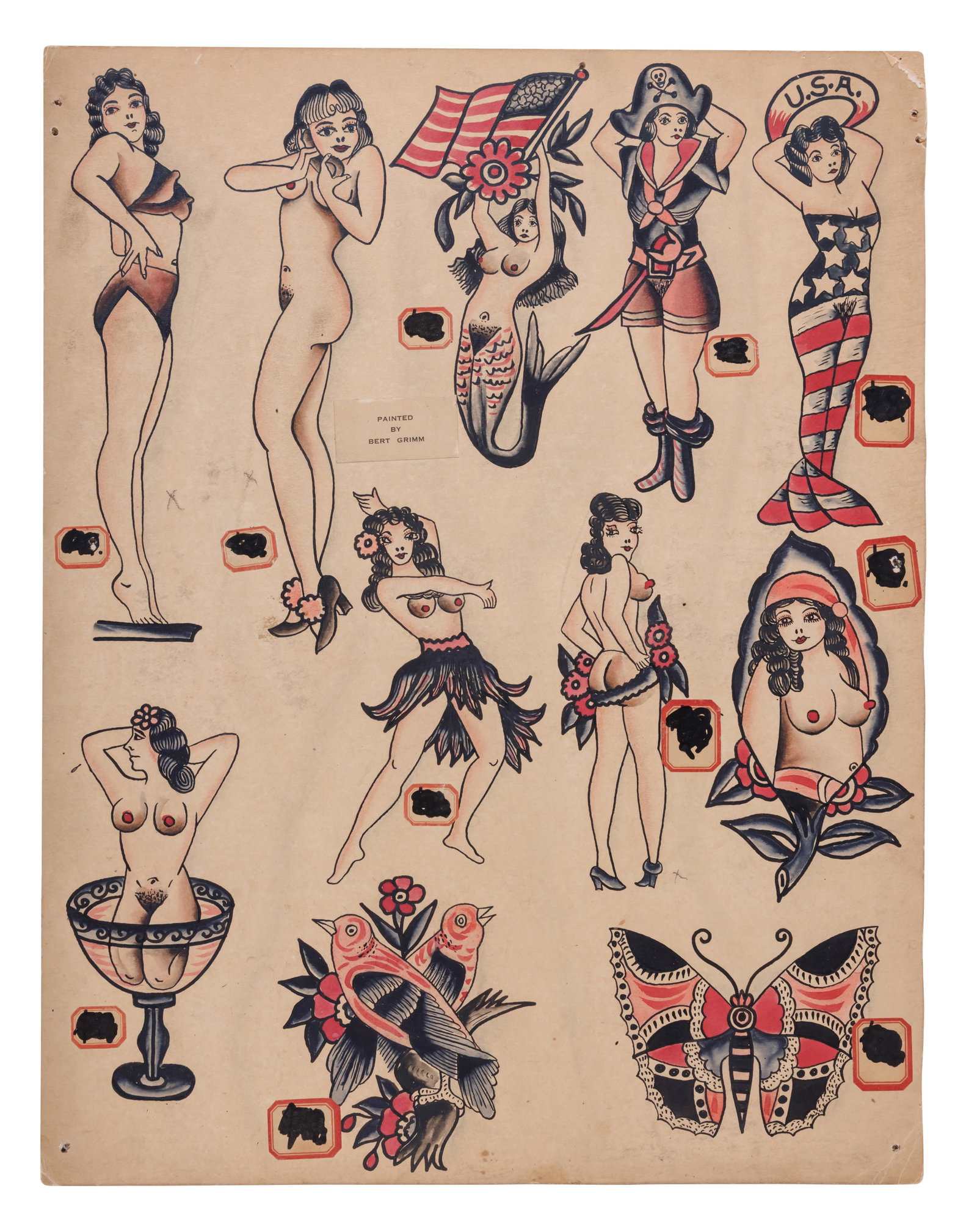 Pin-Up Girl Tattoo Designs by Bert Grimm (St. Louis, ca. 1940) 18 x 14 in. (45.7 x 35.6 cm.) (1 of 6)